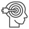 Head with target and arrow line icon. Personal targeting with human mind symbol, outline style pictogram on white