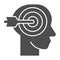 Head with target and arrow solid icon. Personal targeting with human mind symbol, glyph style pictogram on white