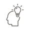 Head thinking with lightbulb. Vector thin line icon with person profile face and bright bulb. Inspiration creative idea
