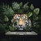 Head of tiger and vines protrude from laptop screen, transition of virtual reality to real one,