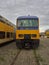 Head on view of the Drivers Cab of a Dutch Urban Commuter Train stored at the Container port in Amsterdam.