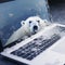 Head of white bear and snow protrude from laptop screen, transition of virtual reality to real one,