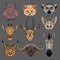 Head of wild animals set, portrait of hippo, lynx, fox, fenech, lemur, giraffe, antelope, muskox and zebra hand drawn
