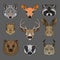 Head of wild animals set, portrait of wolf, doe, raccoon, squirrel, deer, hare, bear, badger and lynx hand drawn vector