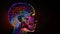 Headache in human head neon glowing head brain, pain in human head with colorful stress illustration