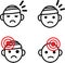 Headache icon set. Medical vector emoji set of sad bandaged heads with health issue, head ache, migraine, head injury