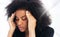 Headache, stress and burnout with a business black woman struggling with mental health issues while working in her