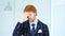 Headache, Upset Tense Young Redhead Businessman