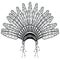 Headdress in Aztec style symbolizing Native American people in black and white in drawing style with decorative feathers, beads an