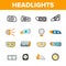 Headlights, Auto Headlamps Linear Vector Icons Set