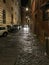 Headlights illuminate cobbled alleyway in Rome, Italy