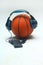 Headphone, basketball and smartphone. Headset for music placed on ball