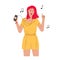 Headphone girl listens to music on smartphone.Flat hand-drawn cartoon character.Young woman is enjoying melody playlist online.