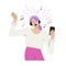 Headphone girl listens to music on smartphone.Flat hand-drawn cartoon character.Young woman is enjoying melody playlist online.