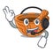 With headphone wooden kitchen mortar isolated on mascot