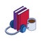 Headphones, books and coffee mug