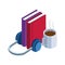 Headphones, books and coffee mug