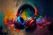 Headphones colorful abstract background acryl painting. AI generated