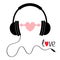 Headphones earphones with cord and word Love. Black silhouette. Headphone icon. Red music sound wave heart. Greeting card. Flat