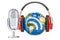 Headphones on the Earth globe and mic with RSS logo podcast, 3D