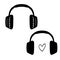 Headphones, headset with heart. Monochrome sketch outline vector. Device, audio accessory icon