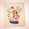 Headphones laptop redhead girl note paper cartoon illustration