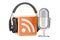 Headphones and microphone with RSS logo podcast, 3D rendering