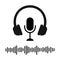 Headphones, microphone and sound wave icons. Online radio, concert, song recording, streaming, podcast, broadcast