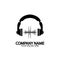 Headphones with microphone and sound waves beats, concept of radio station logo, dj disco symbol, broadcasting studio label,