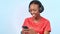 Headphones, phone and black woman in studio typing message on social media, mobile app or internet. Technology