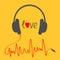 Headphones with red cord in shape of cardiogram trackline. Love card. Music icon. Black text heart. Yellow background.