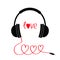 Headphones and red cord in shape of three hearts. Word love. Flat design icon. White background Isolated