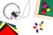 Headphones, school board, colored blocks, wax crayons, colored paper lying on a white wooden background. Headphones for studying l