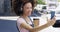 Headphones, selfie and woman in city with coffee listening to music, streaming song and audio. Travel, profile picture