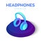 Headphones. Stereo wireless headset Isometric 3d icon. E-book and E-learning gadget. Earphones to listen musical tunes and or