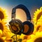 Headphones and sunflowers on blue background. 3d illustration Generative AI