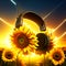 Headphones and sunflowers on sunset background. 3d illustration Generative AI