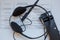 Headphones used for simultaneous translation equipment simultaneous interpretation equipment . A set of headphones for