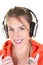 Headphones woman Earphones Dancing Listening To Music in sporty hoodie on white Background