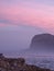 The Heads, Knsyna, Garden Route, South Africa. Rocky outcrop at the top of the lagoon, photographed in mist at sunset.