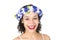 Headshot of brazilian girl. Black woman wears a wreath. She is d