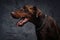 Headshot of brown furred doberman against dark background