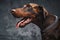 Headshot of brown furred doberman against dark background