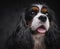 Headshot of lap doggy with fluffy fur against dark background