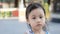 Headshot of sad 4 years old cute baby Asian girl, little toddler child with adorable short hair making frustrated face, looking