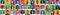 Headshots of young diverse smiling happy guys and ladies on colorful backgrounds, panorama