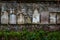 Headstones on brick wall