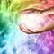 Healing hands with vibrant rainbow vortex