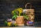 Healing herbs and flowers in birch bark boxes. Organic Medicinal Products