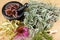 Healing herbs on wooden table, mortar and pestle